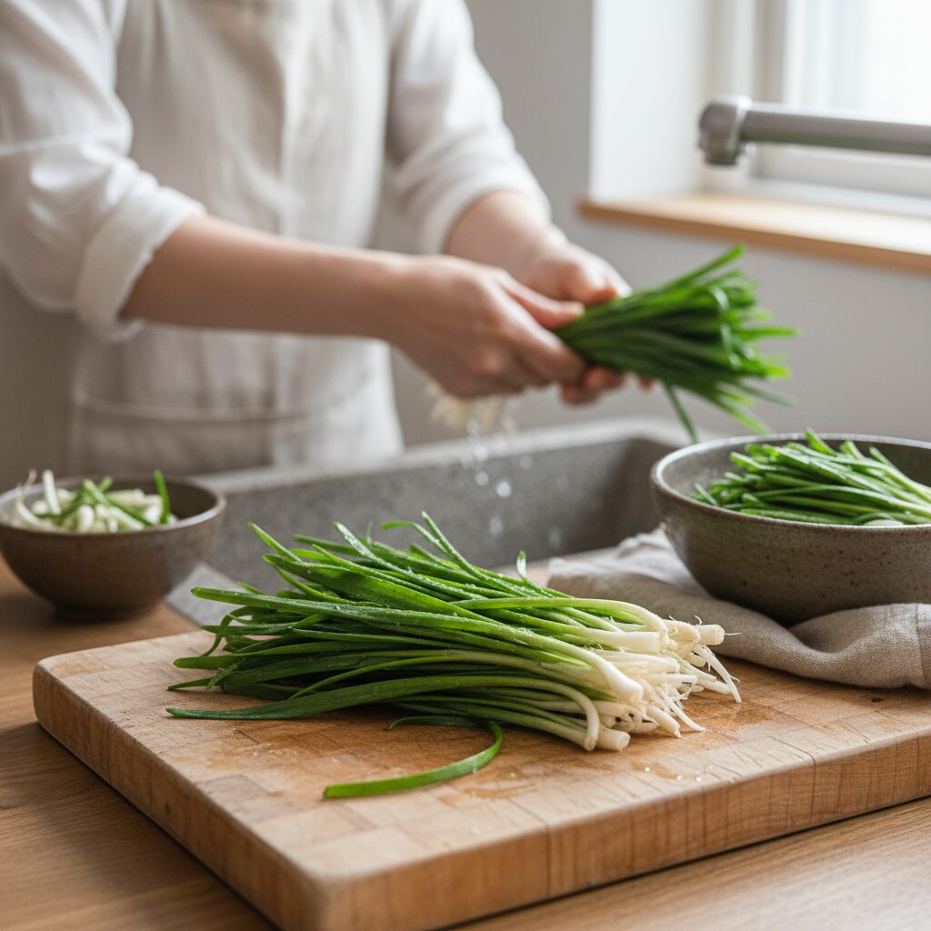흙을 제거하고 깨끗하게 손질된 신선한 달래