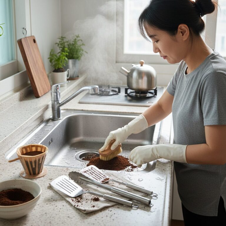커피찌꺼기로 주방 싱크대와 조리도구를 청소하는 모습