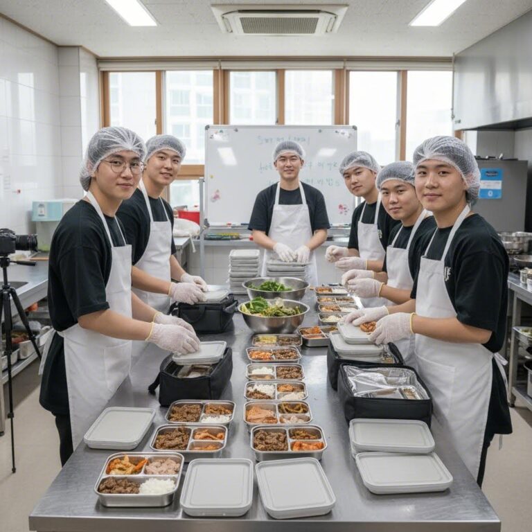 요리 봉사 동아리 회원들이 함께 도시락을 포장하고 있는 모습