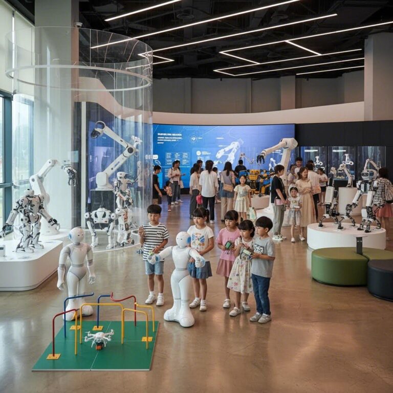 전남 창의융합교육원 미래교육관 내부에 전시된 다양한 형태의 로봇들과 체험 공간