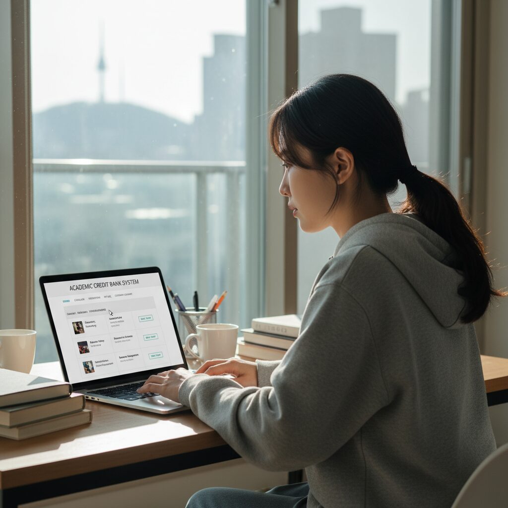 학점은행제 수강신청을 위해 노트북으로 교육원 웹사이트를 확인하는 모습