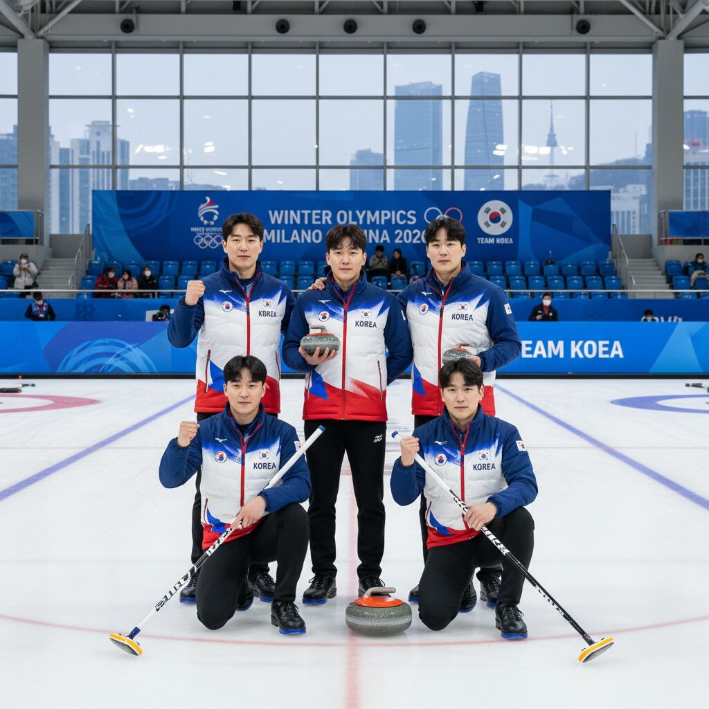 2026 밀라노 동계올림픽 한국 컬링 대표팀 선수들이 함께 포즈를 취한 단체 사진