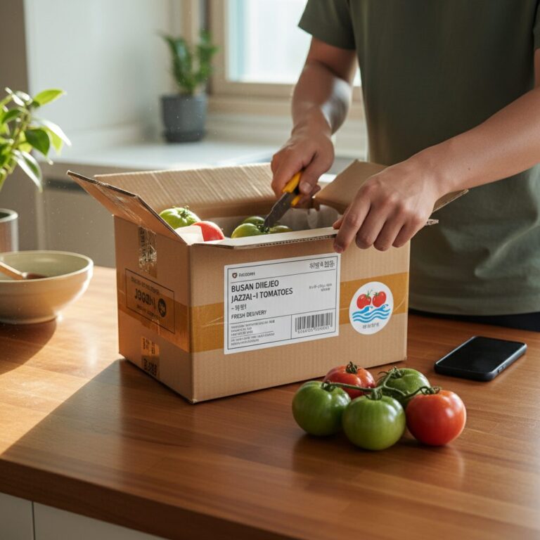 택배로 배송받은 신선한 부산 대저 짭짤이 토마토 상자
