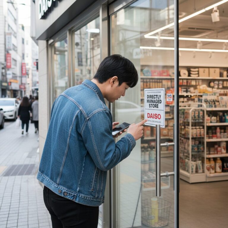 다이소 매장 입구에 붙은 직영점 안내 스티커를 확인하는 모습