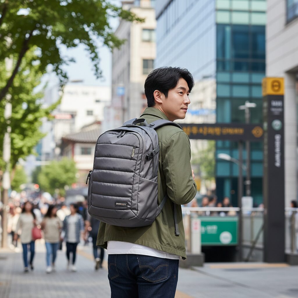 디스커버리 라이크 에어 퀀텀 백팩을 등에 멘 모습