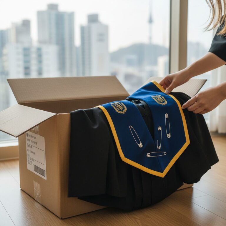 택배 박스에서 꺼낸 박사 학위 가운과 스톨, 옷핀으로 고정된 모습