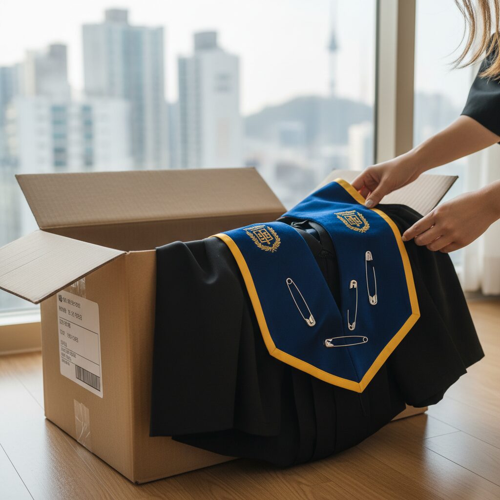 택배 박스에서 꺼낸 박사 학위 가운과 스톨, 옷핀으로 고정된 모습