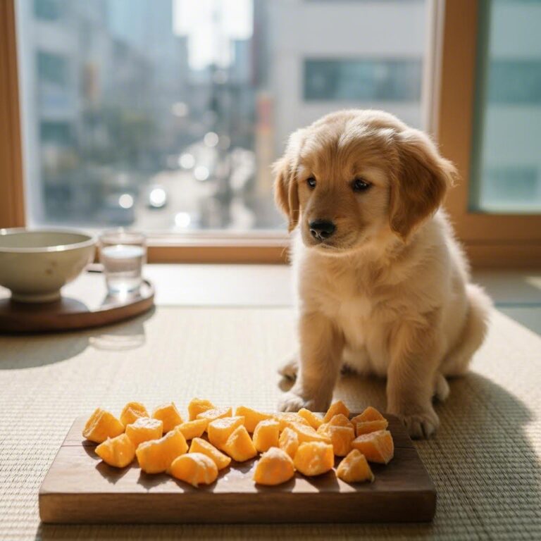 강아지 앞에 놓인 껍질을 벗기고 작게 자른 한라봉 조각