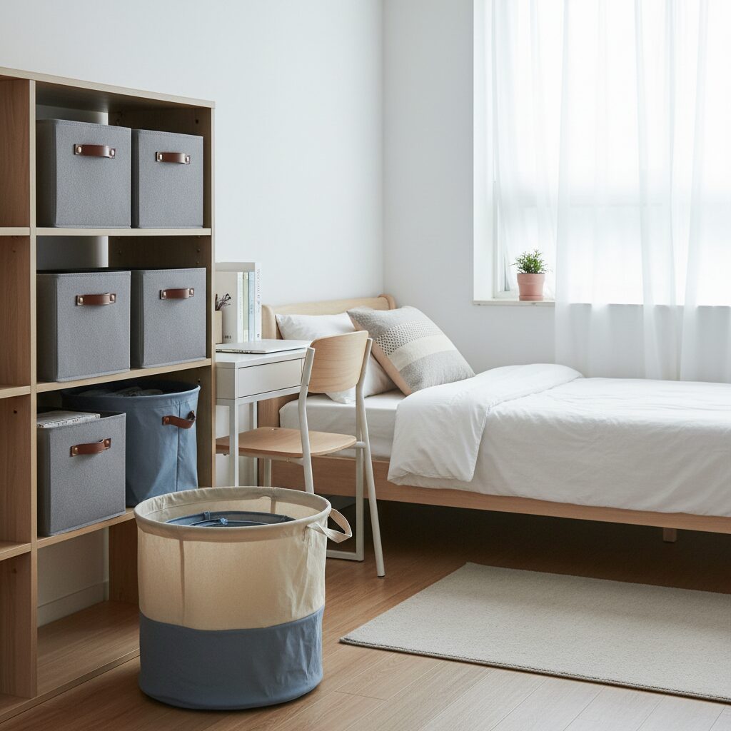 패브릭 재질의 접이식 수납박스와 빨래바구니가 정리된 깔끔한 기숙사 방 모습