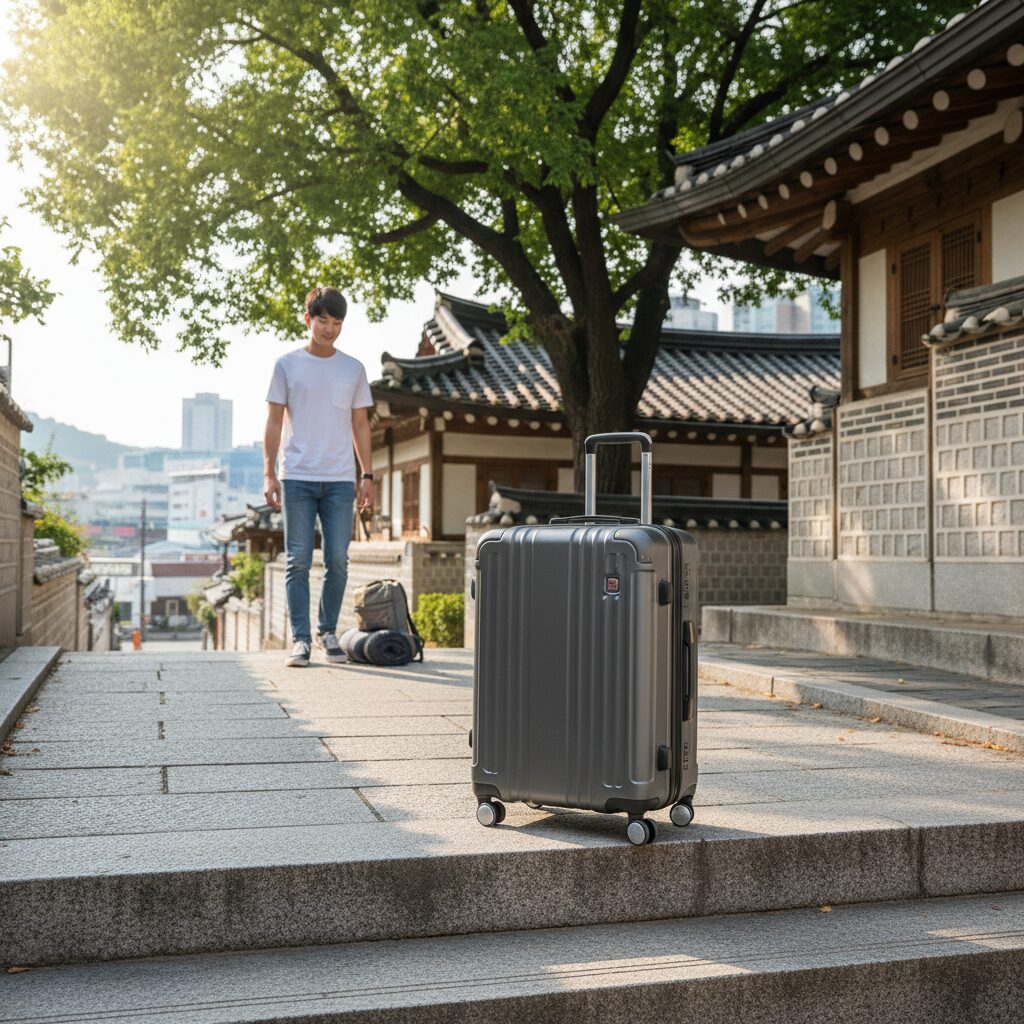 가볍고 튼튼한 기숙사용 캐리어가 계단에 놓여 있음