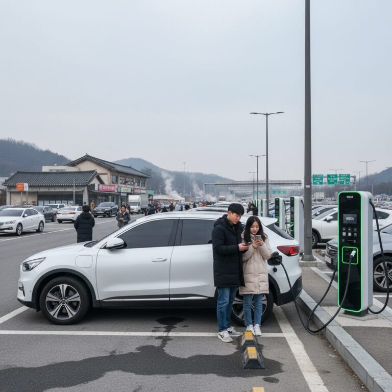 설 연휴 고속도로 휴게소에서 전기차 충전하는 모습