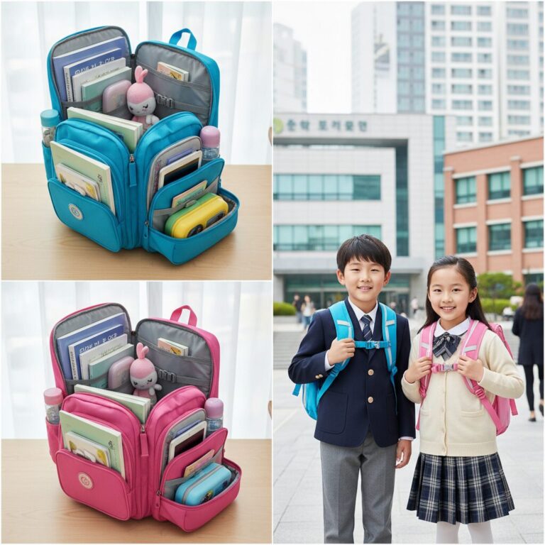 초등학생 책가방 수납공간과 착용모습 비교 사진