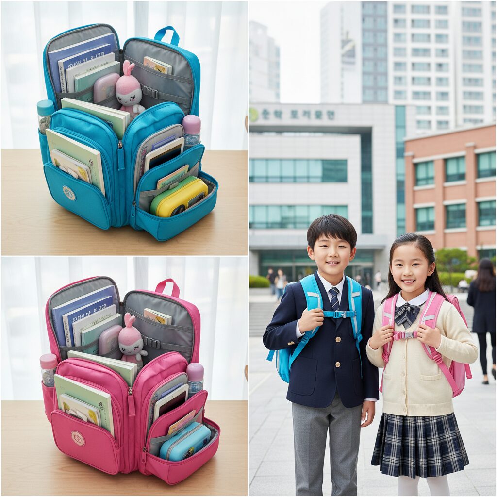 초등학생 책가방 수납공간과 착용모습 비교 사진