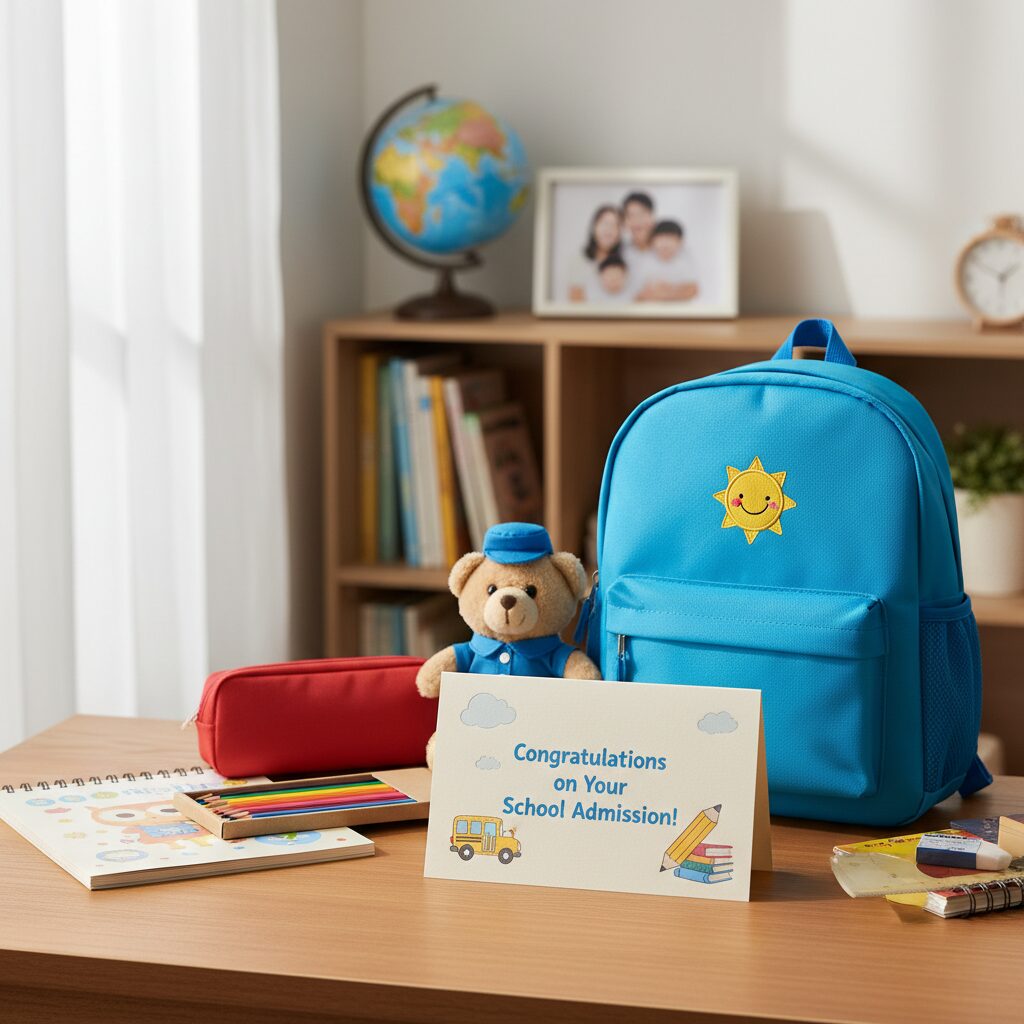 초등학교 입학을 축하하는 카드와 학용품이 놓여 있는 따뜻한 이미지