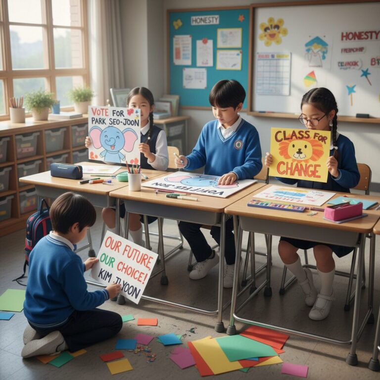 초등학교 선거 포스터와 피켓을 만드는 학생의 모습