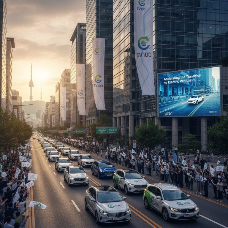 EV100 캠페인을 상징하는 그래픽과 전기차 행렬