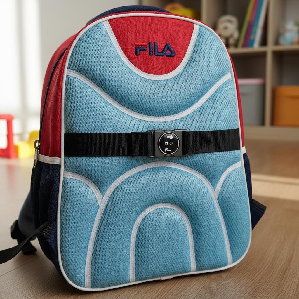 휠라 키즈 듀잇백팩 세트의 자석 체스트 벨트와 에어매쉬 등판 부분의 디테일