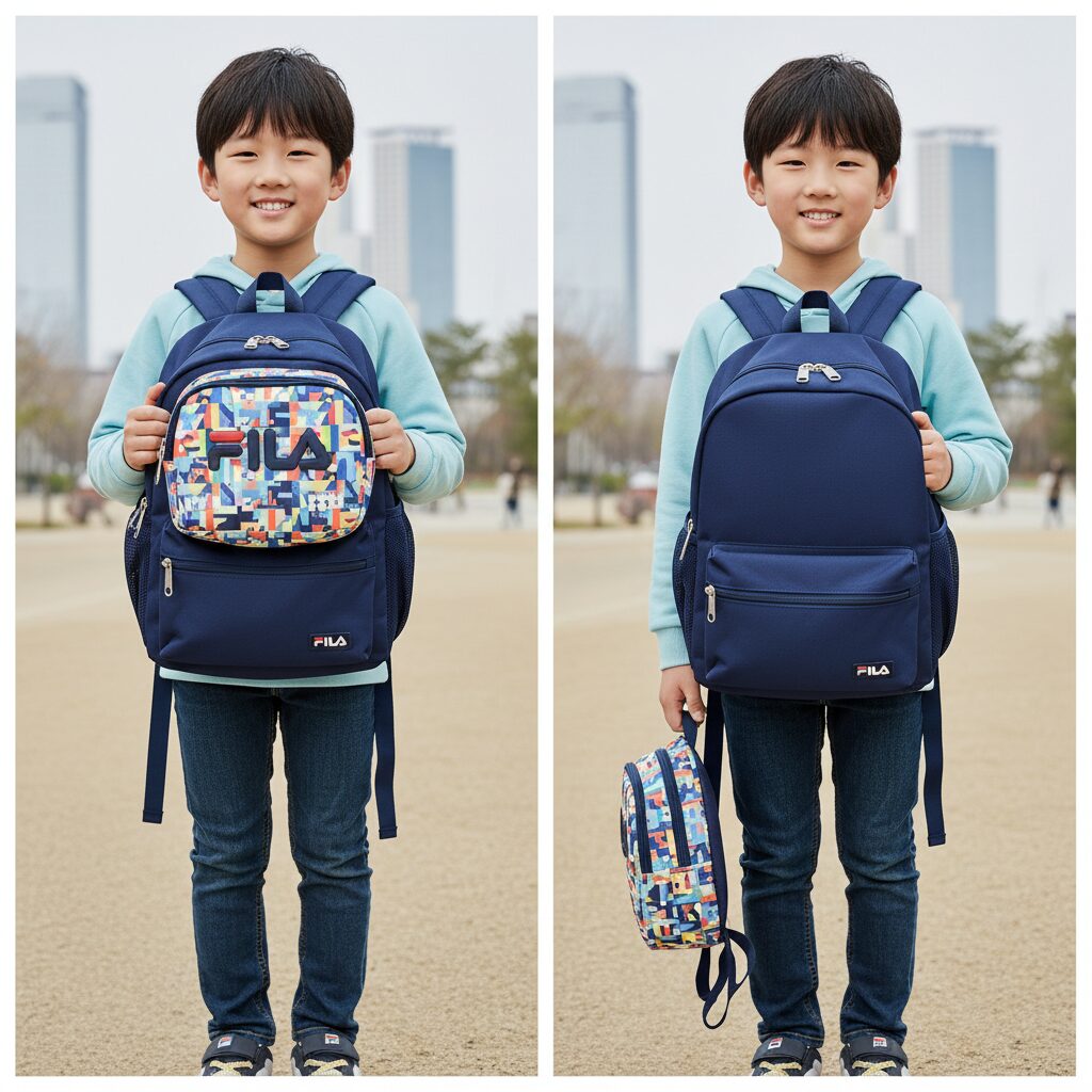 휠라키즈 듀잇백팩 세트 디테처블 파우치 부착 및 탈착 모습 비교