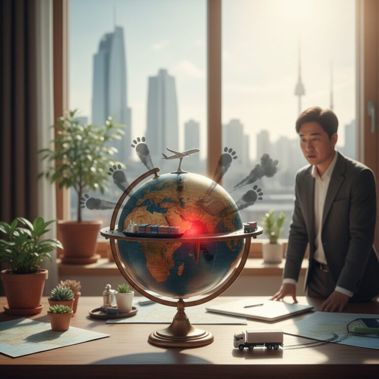 지구본 위에 비행기와 배, 트럭이 이동하며 탄소 발자국을 남기는 일러스트