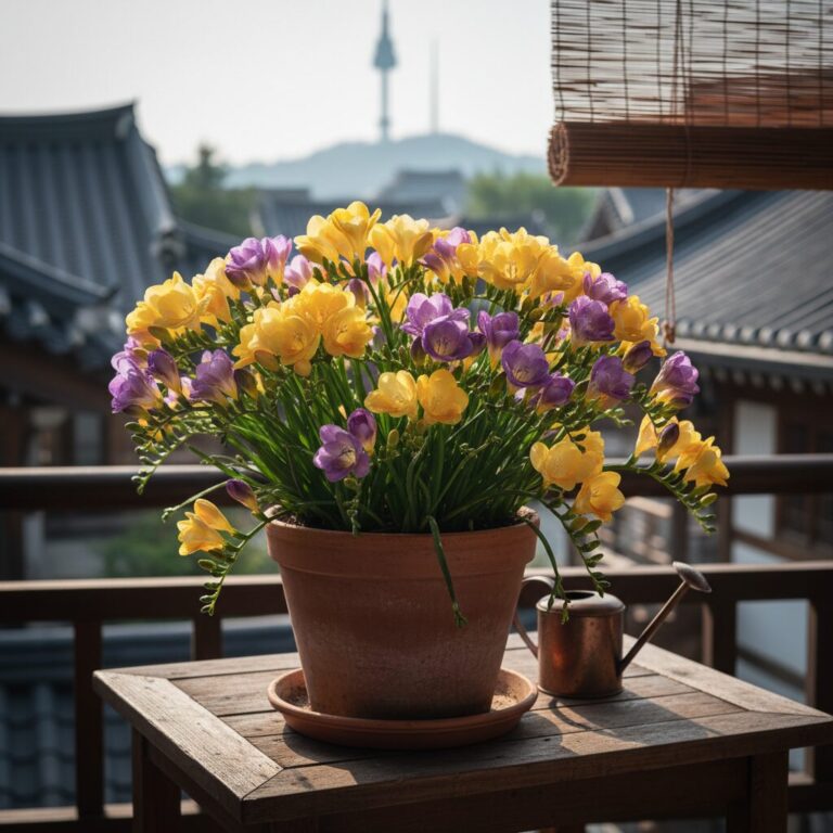 화분에 핀 노란색과 보라색 프리지아 꽃