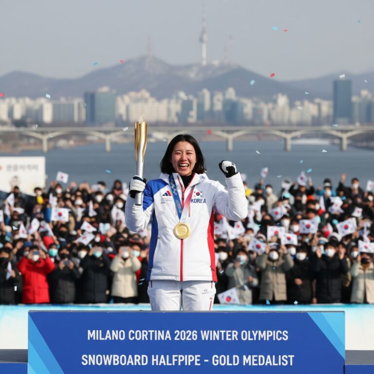 2026 밀라노 코르티나 동계올림픽 여자 스노보드 하프파이프 금메달리스트 최가온 선수 기뻐하는 모습
