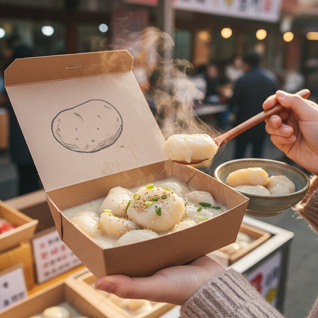 강릉 길감자 포장 박스와 쫀득한 감자 옹심이