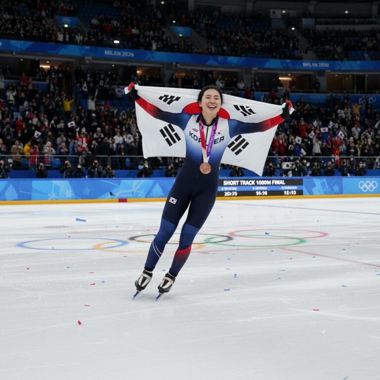 김길리 선수가 2026 밀라노 동계올림픽 쇼트트랙 1000m 결승에서 동메달 획득 후 태극기를 두르고 트랙을 돌고 있는 모습