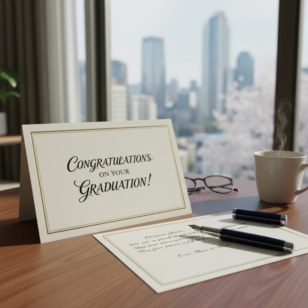 졸업 축하 카드와 펜이 놓여있는 모습