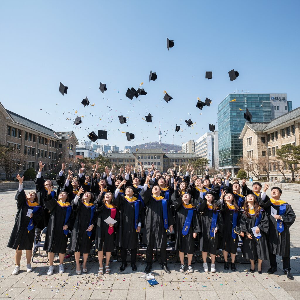 졸업식에서 모자를 하늘로 날리며 축하하는 모습