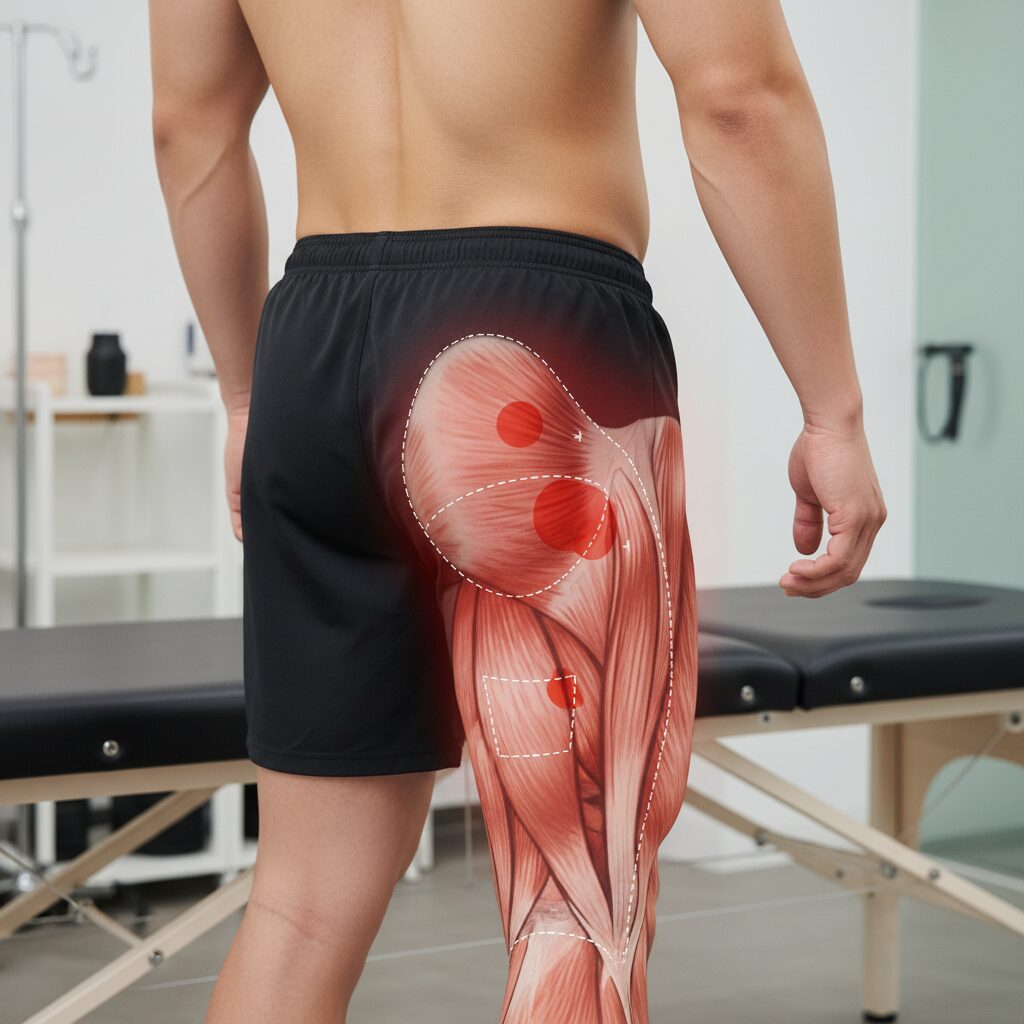 햄스트링 이해하기와 운동 부상 예방법 허벅지 뒤쪽 햄스트링 통증 부위 표시된 그림