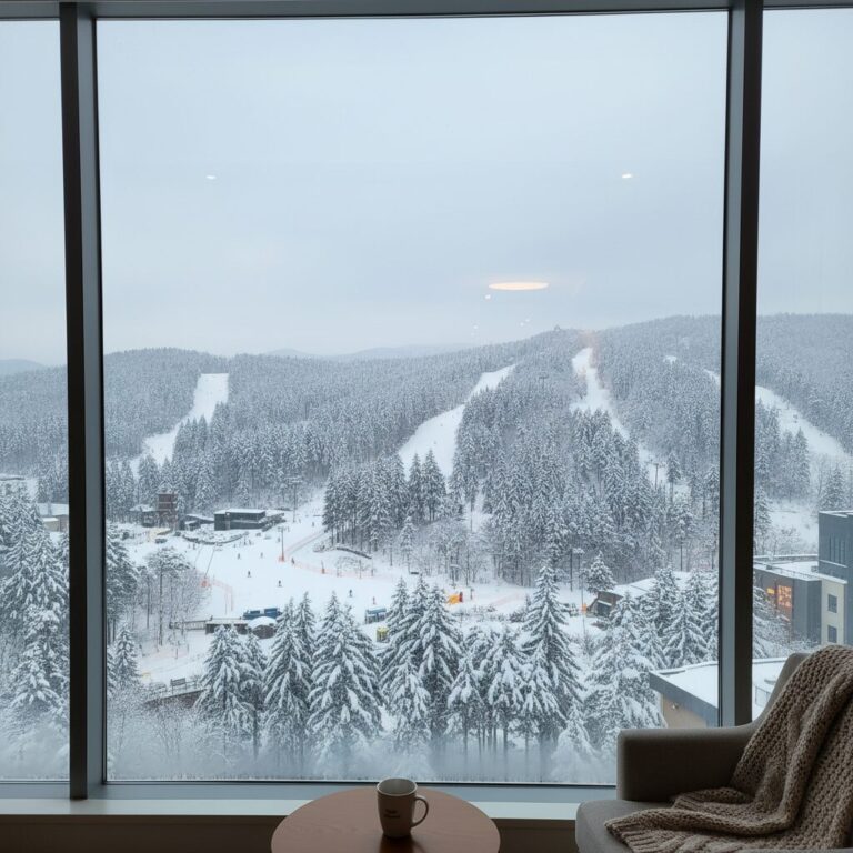 통유리 창 너머로 펼쳐진 하이원리조트의 눈 덮인 겨울 숲 풍경