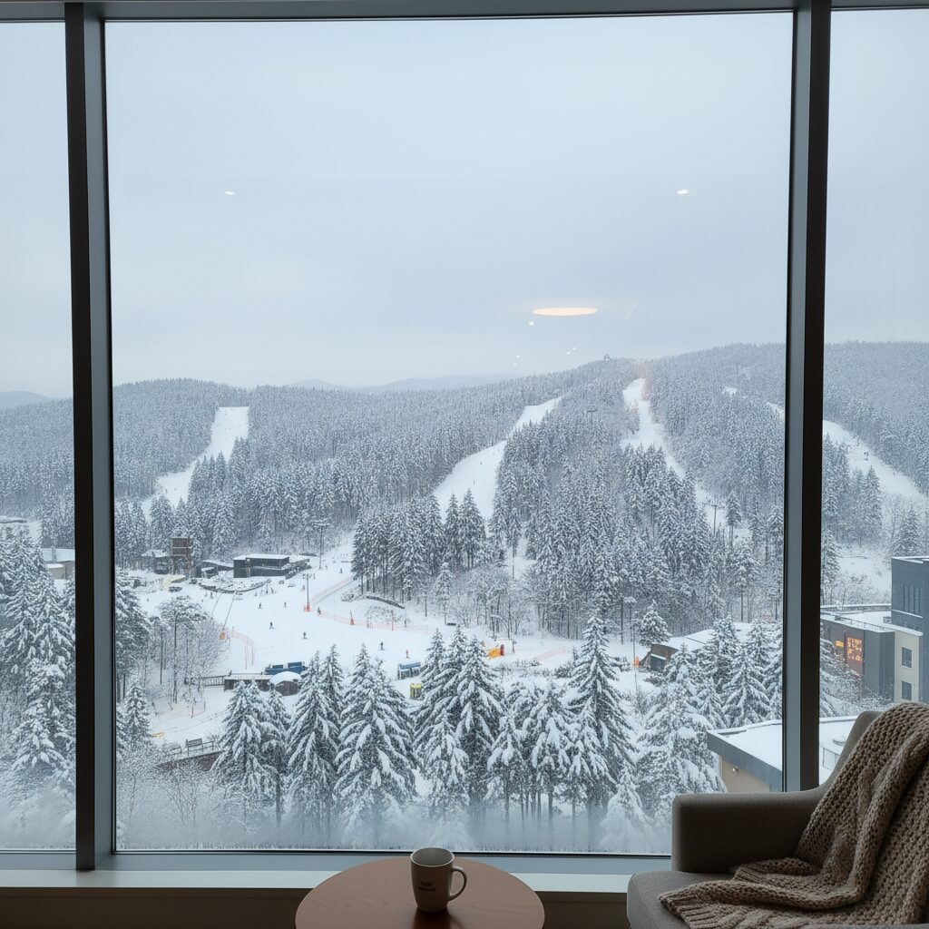 2026년 밸런타인 맞춤 가이드 로맨틱 데이트부터 핫한 카페까지 통유리 창 너머로 펼쳐진 하이원리조트의 눈 덮인 겨울 숲 풍경