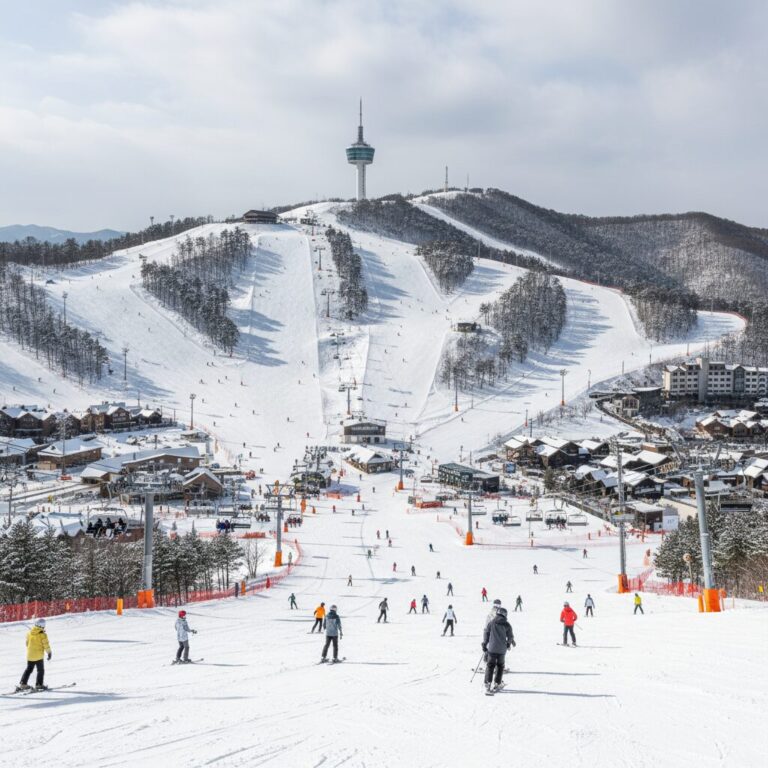 하이원 스키장의 다양한 슬로프 전경과 하이원탑