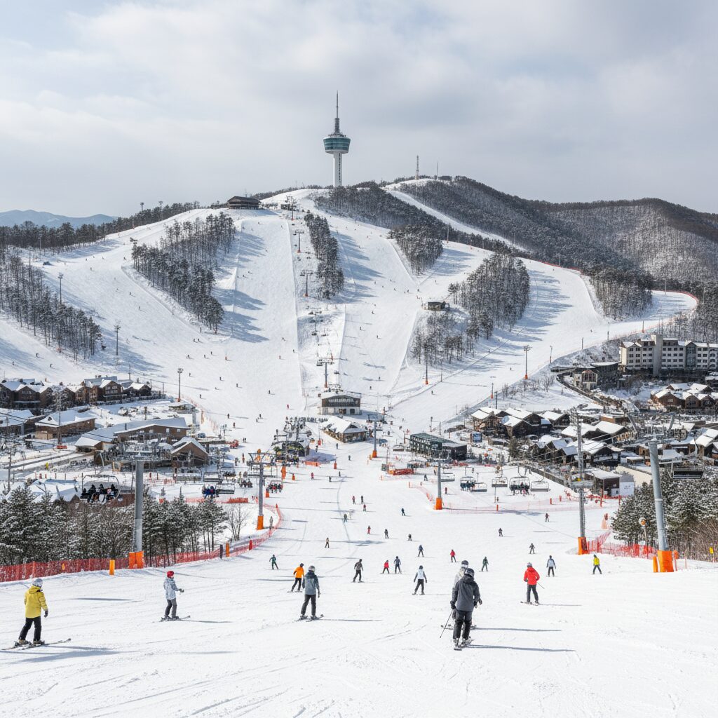하이원 스키장의 다양한 슬로프 전경과 하이원탑