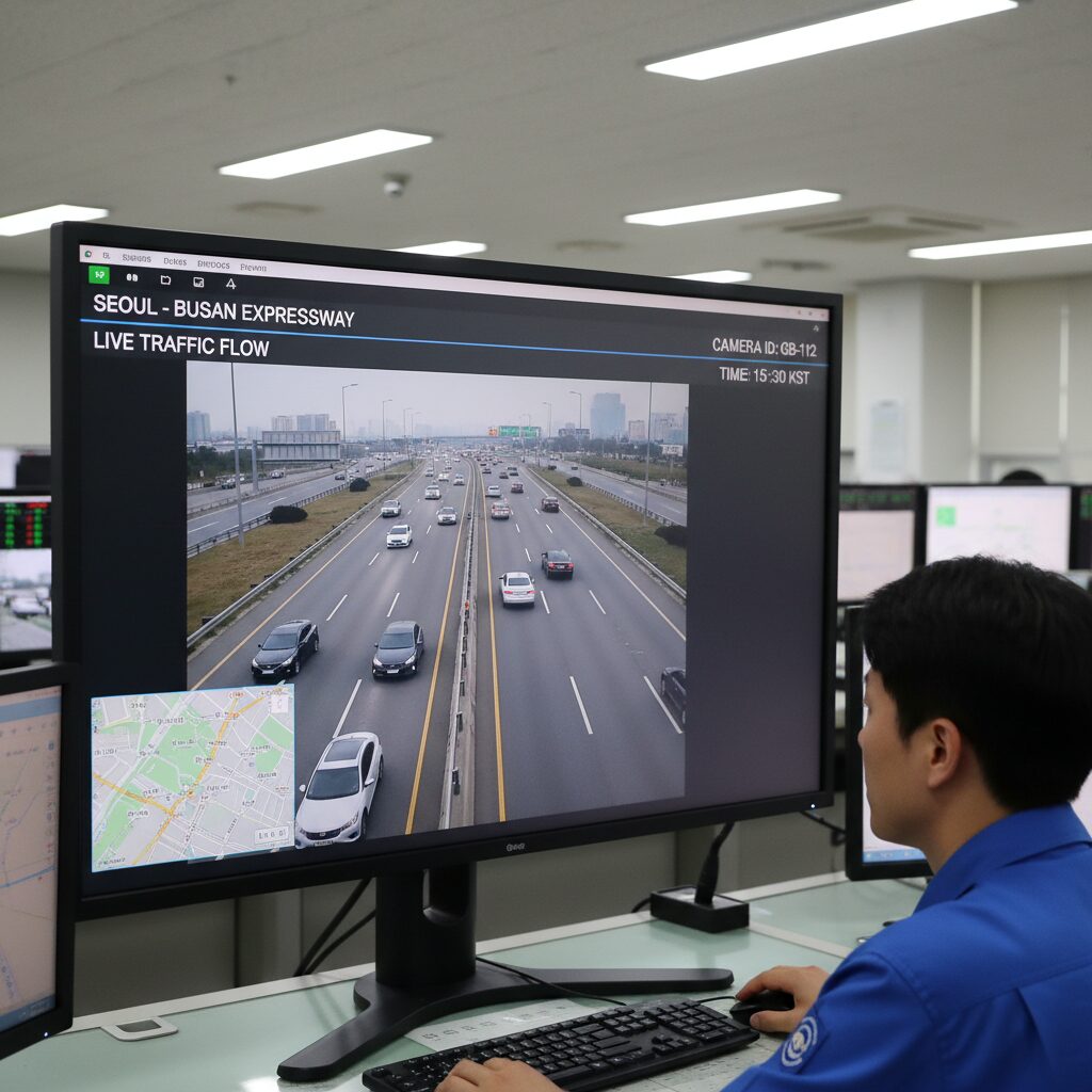 경부고속도로 실시간 교통상황과 CCTV 확인으로 효율적으로 운전하기 경부고속도로 실시간 CCTV 화면 예시로 차량 흐름이 보이는 모니터 사진