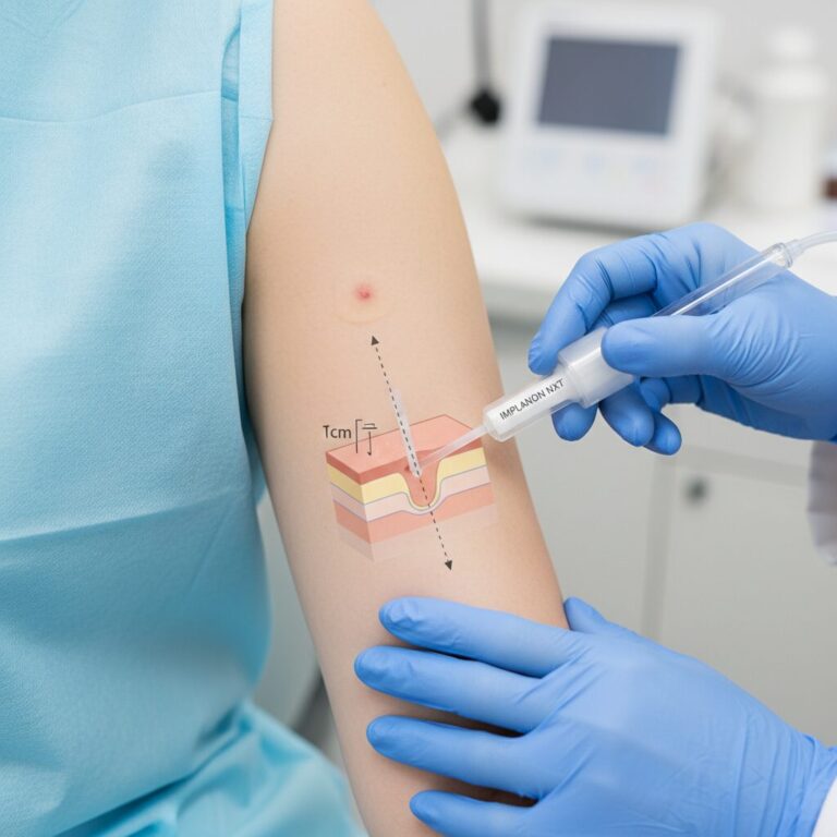 팔 안쪽에 임플라논 피하삽입술이 진행되는 모습을 설명하는 도식도