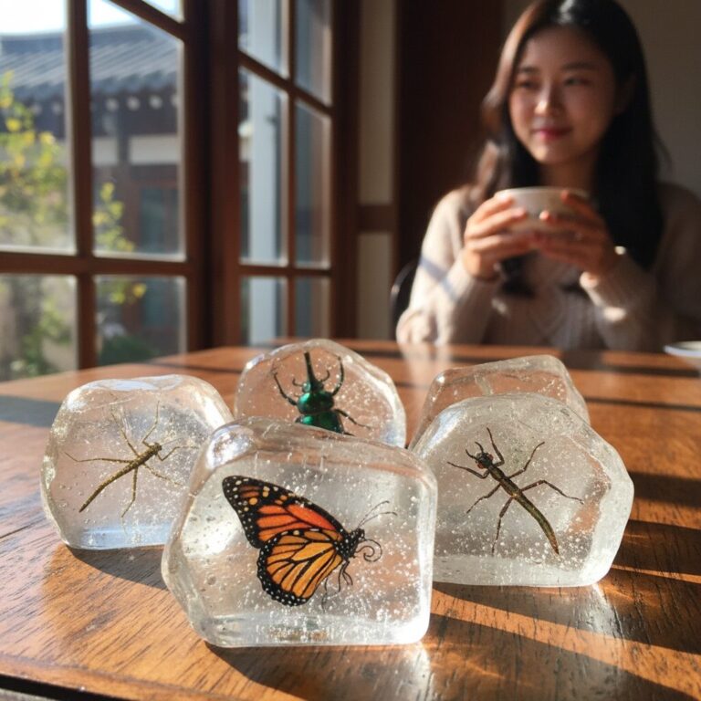 투명한 사탕 속에 그려진 세밀한 곤충 일러스트