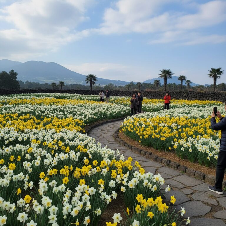 제주 한림공원에 핀 하얗고 노란 수선화 군락