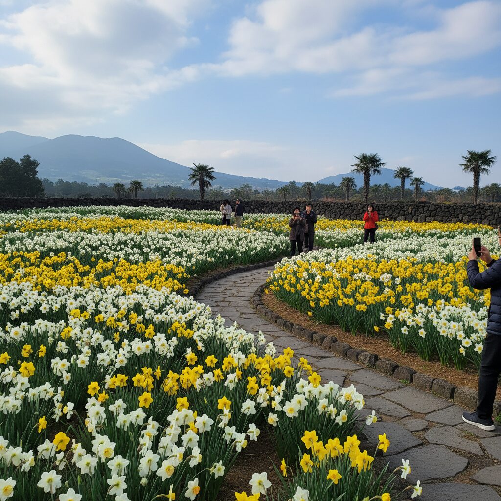 제주 한림공원에 핀 하얗고 노란 수선화 군락