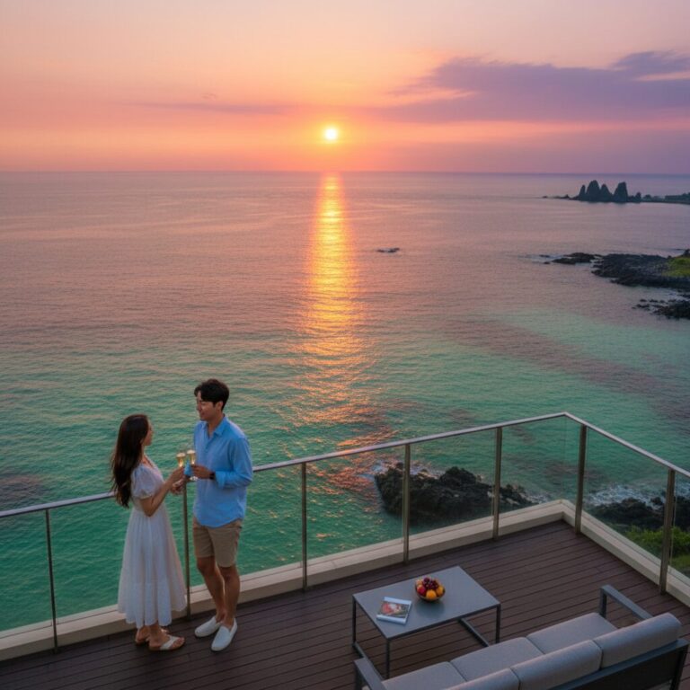 제주도 오션뷰 호텔에서 바라본 에메랄드빛 바다와 노을 풍경