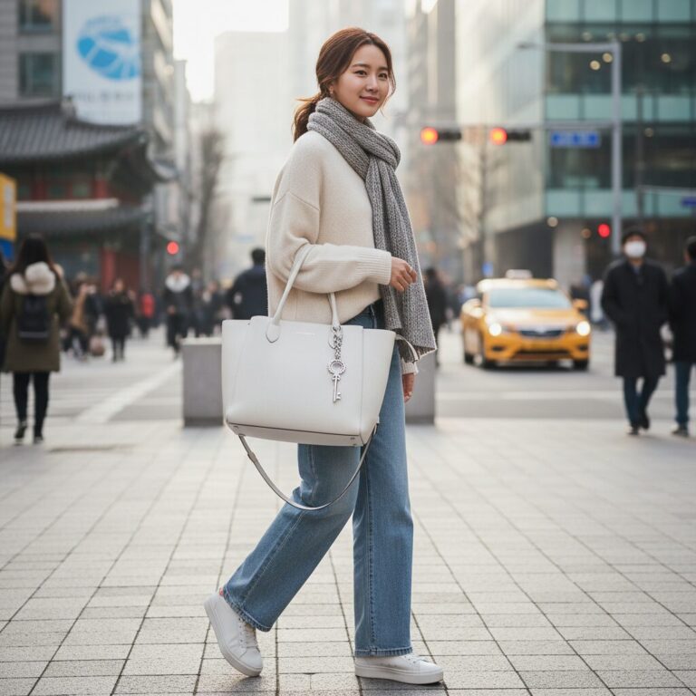 질스튜어트 키장식 쇼퍼백을 손에 들고 어깨에 메고 있는 스타일링 사진