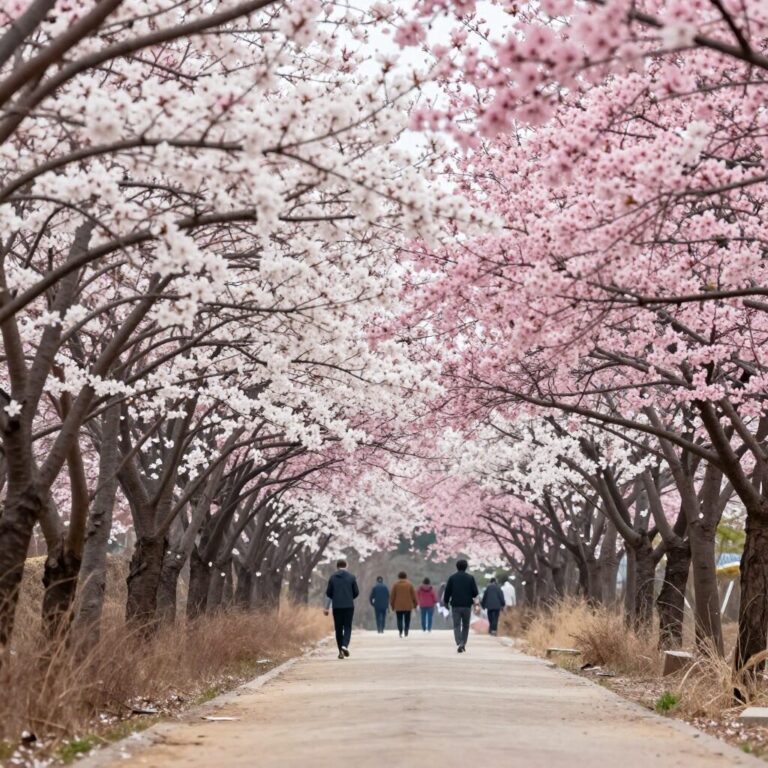 진주 매화숲 길 양옆에 활짝 핀 분홍색과 흰색 매화꽃