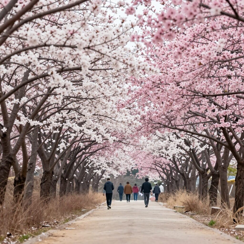 진주 매화숲 길 양옆에 활짝 핀 분홍색과 흰색 매화꽃