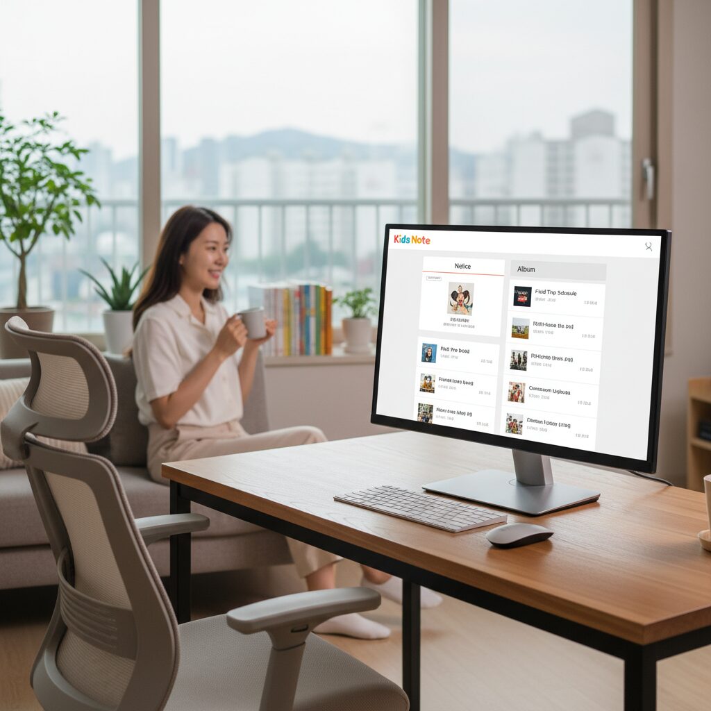 키즈노트 PC버전 완벽 활용법과 다운로드 설치 컴퓨터 모니터에 표시된 키즈노트 PC버전 화면, 알림장과 앨범 메뉴가 보임