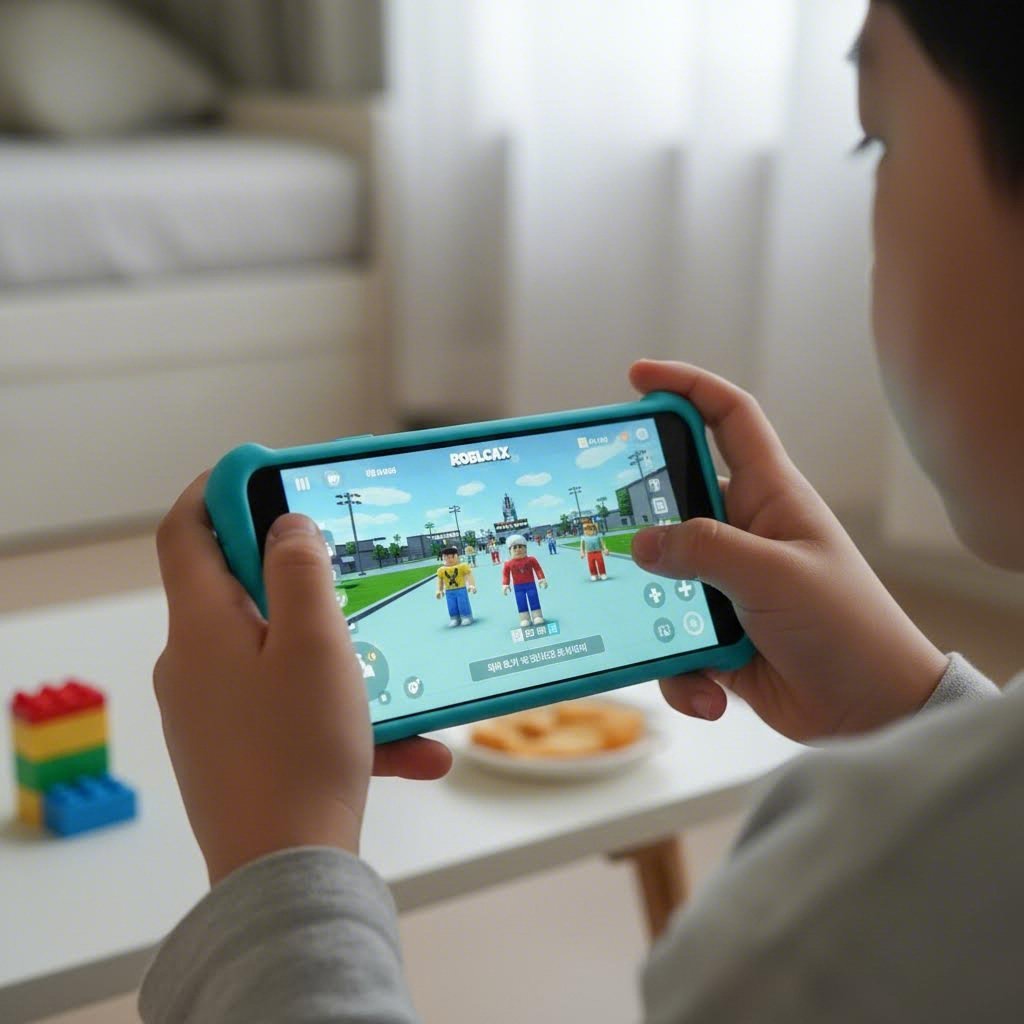 키즈폰으로 로블록스 게임을 하는 아이의 손과 화면