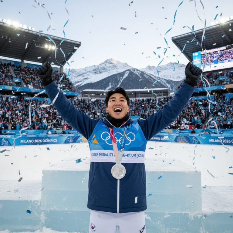 밀라노 올림픽 스노보드 평행대회전 김상겸 선수 은메달 획득 후 환호하는 모습