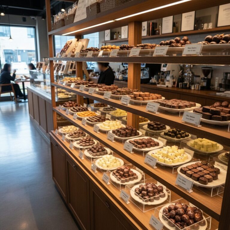 청라 김보람 초콜릿 매장 내부 진열대에 다양한 종류의 수제 초콜릿이 정렬되어 있는 모습