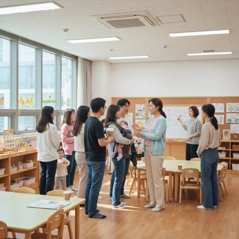 어린이집 오티 날 선생님과 학부모들이 한 자리에 모여 이야기를 나누고 있는 모습