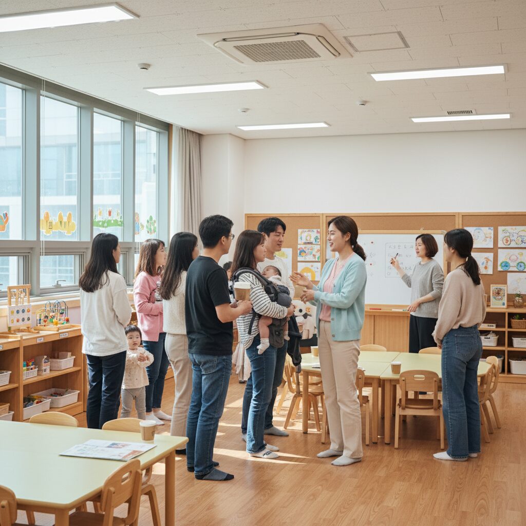 어린이집 오티 날 선생님과 학부모들이 한 자리에 모여 이야기를 나누고 있는 모습