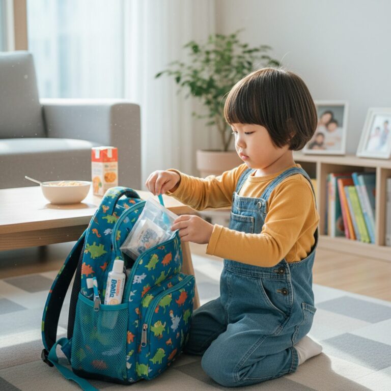 아이가 유치원 가방에 칫솔과 치약 세트를 넣는 모습